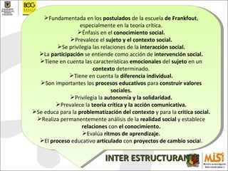 Fundamentada en los  postulados  de la escuela  de Frankfout , especialmente en la teoría crítica. Énfasis en el  conocimiento social. Prevalece el  sujeto y el contexto social. Se privilegia las relaciones de la  interacción social. La  participación  se entiende como acción de  intervención social. Tiene en cuenta las características  emocionales  del  sujeto  en un  contexto  determinado. Tiene en cuenta la  diferencia individual. Son importantes los  procesos educativos  para  construir valores sociales. Privilegia la  autonomía y la solidaridad. Prevalece la  teoría crítica y la acción comunicativa. Se educa para la  problematización del contexto  y para la  critica social. Realiza permanentemente análisis de la  realidad social  y establece  relaciones  con  el conocimiento. Evalúa  ritmos de aprendizaje. El  proceso  educativo  articulado  con  proyectos de cambio socia l. INTER ESTRUCTURANTE 