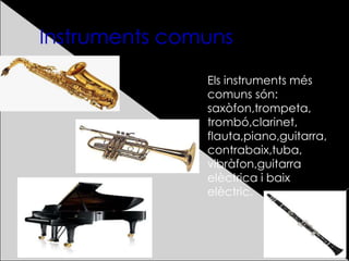 Instruments comuns
● Els instruments més
comuns són:
saxòfon,trompeta,
trombó,clarinet,
flauta,piano,guitarra,
contrabaix,tuba,
vibràfon,guitarra
elèctrica i baix
elèctric.
 