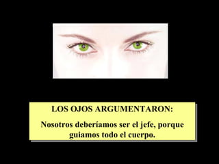 LOS OJOS ARGUMENTARON: Nosotros deberíamos ser el jefe, porque guiamos todo el cuerpo. 