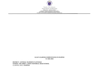 Republic of the Philippines
Department of Education
REGION III – CENTRAL LUZON
SCHOOLS DIVISION OFFICE OF NUEVA ECIJA
EDUARDO L JOSON MEMORIAL HIGH SCHOOL
PLATERO, 3125 GENERAL MAMERTO NATIVIDAD, NUEVA ECIJA
LEAST LEARNED COMPETENCIES IN FILIPINO
S.Y 2021-2022
DISTRICT: GENERAL MAMERTO NATIVIDAD
SCHOOL: EDUARDO L. JOSON MEMORIAL HIGH SCHOOL
LEARNING AREA: FILIPINO
 