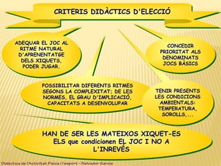 POSSIBILITAR DIFERENTS RITMES
SEGONS LA COMPLEXITAT; DE LES
NORMES, EL GRAU D'IMPLICACIÓ,
CAPACITATS A DESENVOLUPAR
POSSIBILITAR DIFERENTS RITMES
SEGONS LA COMPLEXITAT; DE LES
NORMES, EL GRAU D'IMPLICACIÓ,
CAPACITATS A DESENVOLUPAR
TENIR PRESENTS
LES CONDICIONS
AMBIENTALS:
TEMPERATURA,
SOROLLS,...
TENIR PRESENTS
LES CONDICIONS
AMBIENTALS:
TEMPERATURA,
SOROLLS,...
CONCEDIR
PRIORITAT ALS
DENOMINATS
JOCS BÀSICS
CONCEDIR
PRIORITAT ALS
DENOMINATS
JOCS BÀSICS
ADEQUAR EL JOC AL
RITME NATURAL
D'APRENENTATGE
DELS XIQUETS,
PODER JUGAR.
ADEQUAR EL JOC AL
RITME NATURAL
D'APRENENTATGE
DELS XIQUETS,
PODER JUGAR.
CRITERIS DIDÀCTICS D'ELECCIÓCRITERIS DIDÀCTICS D'ELECCIÓ
HAN DE SER LES MATEIXOS XIQUET-ES
ELS que condicionen EL JOC I NO A
L'INREVÉS
HAN DE SER LES MATEIXOS XIQUET-ES
ELS que condicionen EL JOC I NO A
L'INREVÉS
Didàctica de l’Activitat Física i l’esport – Salvador Garcia
 