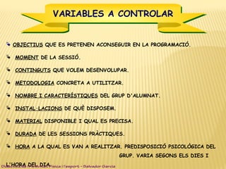  OBJECTIUS QUE ES PRETENEN ACONSEGUIR EN LA PROGRAMACIÓ.
  MOMENT DE LA SESSIÓ.
  CONTINGUTS QUE VOLEM DESENVOLUPAR.
  METODOLOGIA CONCRETA A UTILITZAR.
  NOMBRE I CARACTERÍSTIQUES DEL GRUP D'ALUMNAT.
  INSTAL·LACIONS DE QUÈ DISPOSEM.
  MATERIAL DISPONIBLE I QUAL ES PRECISA.
  DURADA DE LES SESSIONS PRÀCTIQUES.
  HORA A LA QUAL ES VAN A REALITZAR. PREDISPOSICIÓ PSICOLÒGICA DEL
GRUP. VARIA SEGONS ELS DIES I
L'HORA DEL DIA.
VARIABLES A CONTROLARVARIABLES A CONTROLAR
Didàctica de l’Activitat Física i l’esport – Salvador Garcia
 