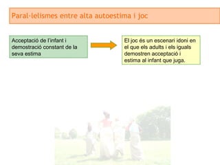 Paral·lelismes entre alta autoestima i joc Acceptació de l’infant i demostració constant de la seva estima El joc és un escenari idoni en el que els adults i els iguals demostren acceptació i estima al infant que juga.  