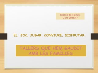EL JOC, JUGAR, CONVIURE, DISFRUTAR.
Classe de 4 anys.
Curs 2016/17
TALLERS QUE HEM GAUDIT
AMB LES FAMÍLIES.
 