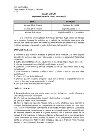 IES. Los Castillos
Departamento de Lengua y Literatura
2ºESO
1
GUÍA DE LECTURA
El jorobado de Notre Dame, Víctor Hugo
FECHA CAPÍTULOS
Viernes, 20 de febrero Capítulos del 1 al 11
Viernes, 27 de febrero Capítulos del 12 al 17
Viernes, 6 de marzo Capítulos del 18 al 22 + epílogo
Esta versión es una adaptación de la novela de Víctor Hugo, uno de los clásicos
de la literatura francesa. Se ambienta en el siglo XV, la Edad Media y por tanto, a la
hora de leer, tienes que tener en cuenta los conocimientos que tienes de este periodo
histórico: sociedad estamental, el poder de la Iglesia, la Inquisición, etc.
CAPÍTULOS DEL 1 AL 5
1. Resume lo que ocurre en el teatro al principio de la narración. ¿Te llama algo la
atención del teatro en esa época? ¿Se parece al teatro en la actualidad? Razona tus
respuestas.
2. ¿Cómo es descrito Quasimodo? ¿Qué siente él cuando es elegido Rey de los Locos?
3. ¿De qué es acusada Esmeralda? ¿Por qué? ¿Quién la acusa?
4. ¿Cómo es Claude Frollo? ¿Cómo se comporta cuando ve a Quasimodo como el Rey
de los Locos?
5. ¿Qué le ocurre a Esmeralda cuando se retira? ¿Quiénes la atacan? ¿Por qué crees
que lo hacen?
6. ¿Qué es la Corte de los Milagros?
7. ¿Por qué quieren ahorcar a Gringoire? ¿Qué opinión tienes al respecto teniendo en
cuenta la época en la que se desarrolla la novela?
8. ¿Por qué no es ahorcado al final Gringoire?
CAPÍTULO DEL 6 AL 11
9. Esmeralda afirma que sólo puede amar a un tipo de hombre, ¿a cuál? ¿Te parece
una actitud positiva en una mujer?
10. ¿Por qué fue abandonado Quasimodo? ¿Qué significa su nombre?
11. ¿Por qué adopta Frollo a Quasimodo?
12. Relee el fragmento siguiente: "Claude Frollo le enseñó a hablar, a leer y a escribir; a
distinguir la virtud del pecado y a comportarse con prudencia en todos los casos de la
vida. Cuando lo nombraron archidiácono, el sacerdote intercedió para que Quasimodo
recibiera el cargo de campanero de la catedral, y el jorobado quedó tan agradecido que
en adelante obedeció en todo a su padre adoptivo con la sumisión propia de un
esclavo. Si el archidiácono le hubiese pedido que se lanzara desde lo más alto de Notre
Dame, Quasimodo no habría dudado en hacerlo. Y era comprensible, pues el único
cariño que el muchacho había recibido en toda su vida era el de Claude Frollo." Analiza
y valora el comportamiento de ambos personajes.
 