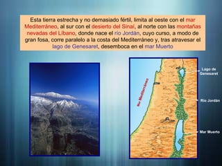 Introducción
Esta tierra estrecha y no demasiado fértil, limita al oeste con el mar
Mediterráneo, al sur con el desierto del Sinaí, al norte con las montañas
nevadas del Líbano, donde nace el río Jordán, cuyo curso, a modo de
gran fosa, corre paralelo a la costa del Mediterráneo y, tras atravesar el
lago de Genesaret, desemboca en el mar Muerto
M
a
r
M
e
d
i
t
e
r
r
á
n
e
o
Lago de
Genesaret
Río Jordán
Mar Muerto
 