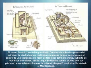 El nuevo Templo resultaba grandioso. Construido sobre los planos del
primero, de piedra blanca, realizado con placas de oro, se yergue en el
centro de una explanada de 480m de largo por 300m de ancho, cubierta de
mosaicos de colores, desde la que se domina toda la ciudad con sus
pórticos de soberbias columnas de mármol, despertó la admiración de todo
el Mediterráneo.
 