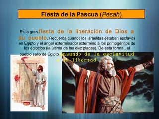 Fiesta de la Pascua (Pesah)
Es la gran fiesta de la liberación de Dios a
su pueblo. Recuerda cuando los israelitas estaban esclavos
en Egipto y el ángel exterminador exterminó a los primogénitos de
los egipcios (la última de las diez plagas). De esta forma , el
pueblo salió de Egipto pasando de la esclavitud
a la libertad.
 