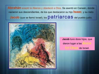Introducción
Abrahán aceptó la Alianza y obedeció a Dios. Se asentó en Canaán, donde
nacieron sus descendientes, de los que destacaron su hijo Isaac, y su nieto
Jacob (que se llamó Israel), los patriarcas del pueblo judío.
Jacob tuvo doce hijos, que
dieron lugar a las doce
tribus de Israel.
 