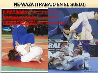 NE-WAZA (TRABAJO EN EL SUELO)
SHIME WAZA: Estrangulaciones
KANSETSU WAZA :Luxaciones
OSAEKOMI WAZA :Inmovilizaciones
 