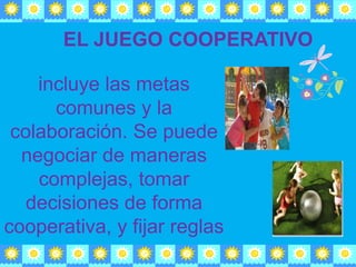 EL JUEGO COOPERATIVO <br />incluye las metas comunes y la colaboración. Se puede negociar de maneras complejas, tomar deci...