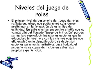 Niveles del juego de roles El primer nivel de desarrollo del juego de roles refleja una etapa que pudiéramos considerar preliminar en la formación de este tipo de actividad. En este nivel se encuentra el niño que no va más allá del llamado “juego de imitación” porque se limita a reproducir las mismas acciones que la educadora le mostró y con los mismos objetos que ella empleó en la demostración; es decir, son acciones puramente imitativas pues todavía el pequeño no es capaz de incluir en estas, sus propias experiencias. 