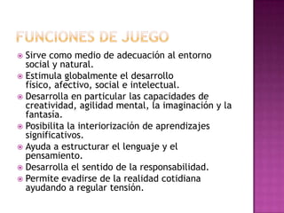 FUNCIONES DE JUEGOSirve como medio de adecuación al entorno social y natural.