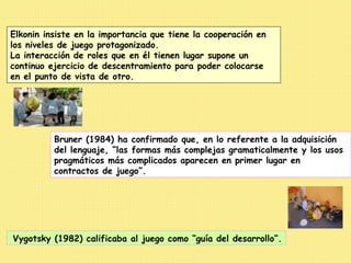 Elkonin insiste en la importancia que tiene la cooperación en
los niveles de juego protagonizado.
La interacción de roles que en él tienen lugar supone un
continuo ejercicio de descentramiento para poder colocarse
en el punto de vista de otro.




          Bruner (1984) ha confirmado que, en lo referente a la adquisición
          del lenguaje, “las formas más complejas gramaticalmente y los usos
          pragmáticos más complicados aparecen en primer lugar en
          contractos de juego”.




Vygotsky (1982) calificaba al juego como “guía del desarrollo”.
 