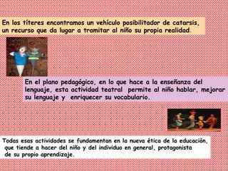 En los títeres encontramos un vehículo posibilitador de catarsis,
un recurso que da lugar a tramitar al niño su propia realidad .




       En el plano pedagógico, en lo que hace a la enseñanza del
       lenguaje, esta actividad teatral permite al niño hablar, mejorar
       su lenguaje y enriquecer su vocabulario.




Todas esas actividades se fundamentan en la nueva ética de la educación,
 que tiende a hacer del niño y del individuo en general, protagonista
 de su propio aprendizaje.
 