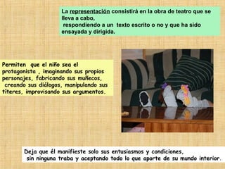 La representación consistirá en la obra de teatro que se
                     lleva a cabo,
                      respondiendo a un texto escrito o no y que ha sido
                     ensayada y dirigida.




Permiten que el niño sea el
protagonista , imaginando sus propios
personajes, fabricando sus muñecos,
 creando sus diálogos, manipulando sus
títeres, improvisando sus argumentos.




       Deja que él manifieste solo sus entusiasmos y condiciones,
        sin ninguna traba y aceptando todo lo que aporte de su mundo interior.
 