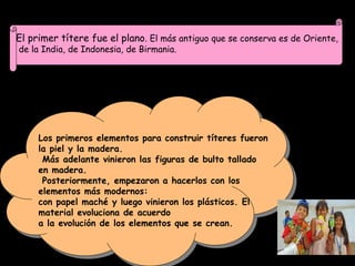 El primer títere fue el plano. El más antiguo que se conserva es de Oriente,
de la India, de Indonesia, de Birmania.




     Los primeros elementos para construir títeres fueron
     la piel y la madera.
      Más adelante vinieron las figuras de bulto tallado
     en madera.
      Posteriormente, empezaron a hacerlos con los
     elementos más modernos:
     con papel maché y luego vinieron los plásticos. El
     material evoluciona de acuerdo
     a la evolución de los elementos que se crean.
 