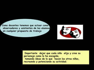 Como docentes tenemos que actuar como
 observadores y asistentes de los alumnos
 en cualquier propuesta de trabajo




                   Importante dejar que cada niño elija y cree su
                  personaje como lo ha escogido,
                   tomando ideas de lo que hacen los otros niños,
                  recreando y potenciando su actividad.
 
