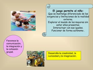 El juego permite al niño:
                    Que se mantenga diferenciado de las
                   exigencias y limitaciones de la realidad
                                   externa.
                    Explorar el mundo de los mayores sin
                           estar ellos presentes.
                        Interactuar con sus iguales.
                       Funcionar de forma autónoma .



Favorece la
comunicación,
la integración y
la cohesión
grupal.
                   Desarrolla la creatividad, la
                   curiosidad y la imaginación.
 