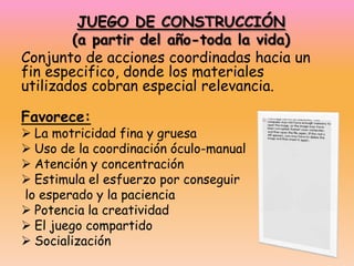 JUEGO DE CONSTRUCCIÓN
        (a partir del año-toda la vida)
Conjunto de acciones coordinadas hacia un
fin especifico, donde los materiales
utilizados cobran especial relevancia.

Favorece:
 La motricidad fina y gruesa
 Uso de la coordinación óculo-manual
 Atención y concentración
 Estimula el esfuerzo por conseguir
lo esperado y la paciencia
 Potencia la creatividad
 El juego compartido
 Socialización
 
