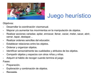 Juego heurístico
Objetivos:
- Desarrollar la coordinación visomanual.
- Mejorar y/o aumentar los movimientos en la manipulación de objetos.
- Realizar acciones variadas: apilar, enroscar, llenar, vaciar, meter, sacar, abrir,
   cerrar, tapar, destapar…
- Realizar ordenes sencillas del educador.
- Establecer relaciones entre los objetos.
- Ordenar y organizar objetos.
- Identificar sensorialmente las cualidades y atributos de los objetos.
- Compartir objetos y espacios con otros niños y niñas.
- Adquirir el hábito de recoger cuando termina el juego
Fases:
- Preparación.
- Exploración y combinación de objetos.
- Recogida.
 
