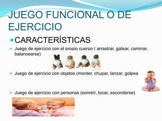 JUEGO FUNCIONAL O DE
EJERCICIO
 CARACTERÍSTICAS
 Juego de ejercicio con el propio cuerpo ( arrastrar, gatear, caminar,

balancearse)

 Juego de ejercicio con objetos (morder, chupar, lanzar, golpear..)

 Juego de ejercicio con personas (sonreír, tocar, esconderse)

 