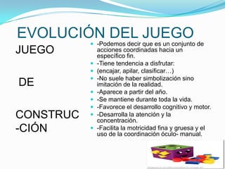EVOLUCIÓN DEL JUEGO
JUEGO
DE
CONSTRUC
-CIÓN

 -Podemos decir que es un conjunto de









acciones coordinadas hacia un
específico fin.
-Tiene tendencia a disfrutar:
(encajar, apilar, clasificar…)
-No suele haber simbolización sino
imitación de la realidad.
-Aparece a partir del año.
-Se mantiene durante toda la vida.
-Favorece el desarrollo cognitivo y motor.
-Desarrolla la atención y la
concentración.
-Facilita la motricidad fina y gruesa y el
uso de la coordinación óculo- manual.

 
