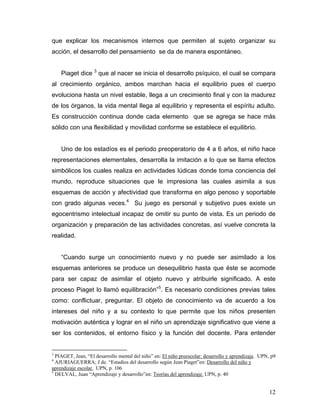 que explicar los mecanismos internos que permiten al sujeto organizar su
acción, el desarrollo del pensamiento se da de manera espontáneo.
Piaget dice 3 que al nacer se inicia el desarrollo psíquico, el cual se compara
al crecimiento orgánico, ambos marchan hacia el equilibrio pues el cuerpo
evoluciona hasta un nivel estable, llega a un crecimiento final y con la madurez
de los órganos, la vida mental llega al equilibrio y representa el espíritu adulto.
Es construcción continua donde cada elemento que se agrega se hace más
sólido con una flexibilidad y movilidad conforme se establece el equilibrio.

Uno de los estadíos es el periodo preoperatorio de 4 a 6 años, el niño hace
representaciones elementales, desarrolla la imitación a lo que se llama efectos
simbólicos los cuales realiza en actividades lúdicas donde toma conciencia del
mundo, reproduce situaciones que le impresiona las cuales asimila a sus
esquemas de acción y afectividad que transforma en algo penoso y soportable
con grado algunas veces.4 Su juego es personal y subjetivo pues existe un
egocentrismo intelectual incapaz de omitir su punto de vista. Es un periodo de
organización y preparación de las actividades concretas, así vuelve concreta la
realidad.

“Cuando surge un conocimiento nuevo y no puede ser asimilado a los
esquemas anteriores se produce un desequilibrio hasta que éste se acomode
para ser capaz de asimilar el objeto nuevo y atribuirle significado. A este
proceso Piaget lo llamó equilibración”5. Es necesario condiciones previas tales
como: conflictuar, preguntar. El objeto de conocimiento va de acuerdo a los
intereses del niño y a su contexto lo que permite que los niños presenten
motivación auténtica y lograr en el niño un aprendizaje significativo que viene a
ser los contenidos, el entorno físico y la función del docente. Para entender

3

PIAGET, Jean, “El desarrollo mental del niño” en: El niño preescolar: desarrollo y aprendizaje. UPN, p9
AJURIAGUERRA; J de. “Estadíos del desarrollo según Jean Piaget”en: Desarrollo del niño y
aprendizaje escolar. UPN, p. 106
5
DELVAL, Juan “Aprendizaje y desarrollo”en: Teorías del aprendizaje. UPN, p. 40
4

12

 