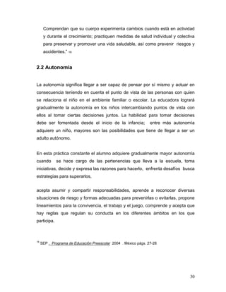 Comprendan que su cuerpo experimenta cambios cuando está en actividad
y durante el crecimiento; practiquen medidas de salud individual y colectiva
para preservar y promover una vida saludable, así como prevenir riesgos y
accidentes.” 16

2.2 Autonomía
La autonomía significa llegar a ser capaz de pensar por sí mismo y actuar en
consecuencia teniendo en cuenta el punto de vista de las personas con quien
se relaciona el niño en el ambiente familiar o escolar. La educadora logrará
gradualmente la autonomía en los niños intercambiando puntos de vista con
ellos al tomar ciertas decisiones juntos. La habilidad para tomar decisiones
debe ser fomentada desde el inicio de la infancia;

entre más autonomía

adquiere un niño, mayores son las posibilidades que tiene de llegar a ser un
adulto autónomo.

En esta práctica constante el alumno adquiere gradualmente mayor autonomía
cuando

se hace cargo de las pertenencias que lleva a la escuela, toma

iniciativas, decide y expresa las razones para hacerlo, enfrenta desafíos busca
estrategias para superarlos,
acepta asumir y compartir responsabilidades, aprende a reconocer diversas
situaciones de riesgo y formas adecuadas para prevenirlas o evitarlas, propone
lineamientos para la convivencia, el trabajo y el juego, comprende y acepta que
hay reglas que regulan su conducta en los diferentes ámbitos en los que
participa.

16

SEP . Programa de Educación Preescolar 2004 . México págs. 27-28

30

 