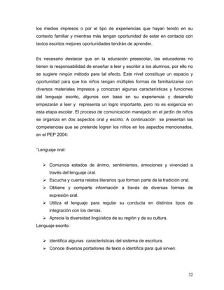 los medios impresos o por el tipo de experiencias que hayan tenido en su
contexto familiar y mientras más tengan oportunidad de estar en contacto con
textos escritos mejores oportunidades tendrán de aprender.

Es necesario destacar que en la educación preescolar, las educadoras no
tienen la responsabilidad de enseñar a leer y escribir a los alumnos, por ello no
se sugiere ningún método para tal efecto. Este nivel constituye un espacio y
oportunidad para que los niños tengan múltiples formas de familiarizarse con
diversos materiales impresos y conozcan algunas características y funciones
del lenguaje escrito, algunos con base en su experiencia y desarrollo
empezarán a leer y representa un logro importante, pero no es exigencia en
esta etapa escolar. El proceso de comunicación manejado en el jardín de niños
se organiza en dos aspectos oral y escrito. A continuación se presentan las
competencias que se pretende logren los niños en los aspectos mencionados,
en el PEP 2004:

“Lenguaje oral:

Comunica estados de ánimo, sentimientos, emociones y vivenciad a
través del lenguaje oral.
Escucha y cuenta relatos literarios que forman parte de la tradición oral.
Obtiene y comparte información a través de diversas formas de
expresión oral.
Utiliza el lenguaje para regular su conducta en distintos tipos de
integración con los demás.
Aprecia la diversidad lingüística de su región y de su cultura.
Lenguaje escrito:

Identifica algunas características del sistema de escritura.
Conoce diversos portadores de texto e identifica para qué sirven.

32

 
