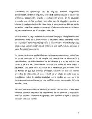 Actividades

de

aprendizaje:

uso

de

lenguaje,

atención,

imaginación,

concentración, control de impulsos, curiosidad, estrategias para la solución de
problemas, cooperación, empatía y participación grupal. En la educación
preescolar una de las prácticas más útiles para la educadora consiste en
orientar el impulso natural de los niños hacia el juego, para que éste sin perder
su sentido placentero, adquiera además propósitos educativos de acuerdo con
las competencias que los niños deben desarrollar.

En este sentido el juego puede alcanzar niveles complejos, tanto por la iniciativa
de los niños, como por la orientación de la educadora. Habrá ocasiones en que
las sugerencias de la maestra propiciarán la organización y finalidad del grupo y
otros en que su intervención deberá limitarse a abrir oportunidades para que el
juego fluya espontáneamente.

No perdamos de vista que la utilización del juego como escenario pedagógico
no podrá realizarse si no se adopta una perspectiva de observación y
descubrimiento del comportamiento de los alumnos y si no se aplican y se
ponen a prueba los conocimientos teóricos que sobre el tema tenga la
educadora. Ésta debe basar su avance en la información que descubra sobre
las formas en que sus alumnos progresan, basando en ellas sus nuevos
proyectos de interacción, el juego infantil es un aliado en esta tarea de
investigación sobre la práctica educativa, en la medida en que en él se
construyen conocimientos nuevos y se rectifican errores conceptuales de forma
sencilla y clara.

Es válido y recomendable que desde la perspectiva constructivista la educadora
pretenda favorecer esquemas de pensamiento de sus alumnos y adecuar su
forma de enseñar a la forma de aprender. Para contribuir a lograr la actividad
lúdica en este nivel escolar.

45

 