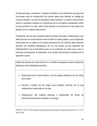 El segundo paso, consiste en analizar la temática y los elementos de juego que
convengan para la construcción de nuevas ideas para abordar su trabajo de
manera atractiva, ya que la educadora debe construir su propio conocimiento
sobre su quehacer cotidiano en coherencia con la constante investigación sobre
lo que sucede en su aula, sobre cómo piensan sus alumnos y lo que éstos han
logrado con su valiosa intervención.
Finalmente una vez que considera claro el sentido del juego, preferencias y que
sabe qué tipo de conocimiento social circulan en estos juegos y que comprende
cuál puede ser su papel en la mejora educativa de los mismos debe aplicarlo
siempre con finalidad pedagógica. No es una receta ya que depende del
profesionalismo de la educadora pues no se pretende con esto curar, pero sí
intervenir favoreciendo el desarrollo. Una síntesis del proceso se aprecia en el
siguiente cuadro:

Fases del proceso de intervención en un modelo investigativo para la utilización
del grupo como estrategia educativa.

•

Exploración de la cultura lúdica y de los juegos preferidos por los niños
de la clase

•

Estudio y análisis de los juego cuya temática coincida con la que
pretendemos desarrollar en el aula.

•

Organización del material obtenido y elaboración de fichas de
intervención educativa basadas en el juego.

Cuadro 4: JARES, Xesús, El placer de jugar juntos nuevas técnicas y juegos cooperativos. CCS , 3ra edi
Madrid 2000

48

 