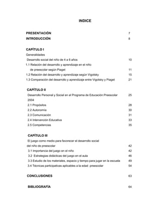 INDICE
PRESENTACIÓN

7

INTRODUCCIÓN

8

CAPÍTULO I
Generalidades
Desarrollo social del niño de 4 a 6 años

10

1.1 Relación del desarrollo y aprendizaje en el niño
de preescolar según Piaget

11

1.2 Relación del desarrollo y aprendizaje según Vigotsky

15

1.3 Comparación del desarrollo y aprendizaje entre Vigotsky y Piaget

21

CAPÍTULO II
Desarrollo Personal y Social en el Programa de Educación Preescolar

25

2004
2.1 Propósitos

28

2.2 Autonomía

30

2.3 Comunicación

31

2.4 Intervención Educativa

33

2.5 Competencias

35

CAPÍTULO III
El juego como medio para favorecer el desarrollo social
del niño de preescolar

42

3.1 Importancia del juego en el niño

42

3.2 Estrategias didácticas del juego en el aula

46

3.3 Estudio de los materiales, espacio y tiempo para jugar en la escuela

49

3.4 Técnicas participativas aplicables a la edad preescolar

54

CONCLUSIONES

63

BIBLIOGRAFÍA

64

 