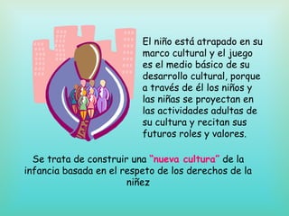El niño está atrapado en su
marco cultural y el juego
es el medio básico de su
desarrollo cultural, porque
a través de él los niños y
las niñas se proyectan en
las actividades adultas de
su cultura y recitan sus
futuros roles y valores.
Se trata de construir una “nueva cultura” de la
infancia basada en el respeto de los derechos de la
niñez
 