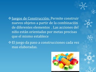 Juegos de Construcción: Permite construir
nuevos objetos a partir de la combinación
de diferentes elementos . Las acciones del
niño están orientadas por metas precisas
que el mismo establece
El juego da paso a construcciones cada vez
mas elaboradas.
 