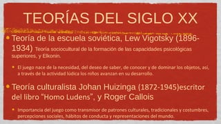 TEORÍAS DEL SIGLO XX
Teoría de la escuela soviética, Lew Vigotsky (1896-
1934) Teoría sociocultural de la formación de las capacidades psicológicas
superiores, y Elkonin.

  El juego nace de la necesidad, del deseo de saber, de conocer y de dominar los objetos, así,
  a través de la actividad lúdica los niños avanzan en su desarrollo.

Teoría culturalista Johan Huizinga (1872-1945)escritor
del libro “Homo Ludens”, y Roger Callois
  Importancia del juego como transmisor de patrones culturales, tradicionales y costumbres,
  percepciones sociales, hábitos de conducta y representaciones del mundo.
 