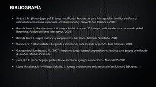 BIBLIOGRAFÍA

  Arréaz, J.M. ¿Puedo jugar yo? El juego modificado. Propuestas para la integración de niños y niñas con
  necesidades educativas especiales. Armilla (Granada). Proyecto Sur Ediciones. 2000

  Bantula Janot J; Mora Verdeny, J.M. Juegos Multiculturales, 225 juegos tradicionales para un mundo global.
  Barcelona. Paidotribo libros interactivos. 2002

  Bantula Janot J. Juegos motrices y cooperativos. Barcelona. Editorial Paidotribo 2001

  Dorance, S.: 150 actividades, Juegos de estimulación para los más pequeños. Akal Ediciones, 2001.

  Garaigordobil Landazabal, M. (2007): Programa juego: juegos cooperativos y creativos para grupos de niños de
  4 a 6 años. Madrid. Pirámide.

  Jarez, X.J. El placer de jugar juntos. Nuevas técnicas y juegos cooperativos. Madrid CCS 2000

  López Matallana, Mª y Villegas Saldaña, J.: Juegos tradicionales en la escuela infantil, Amarú Ediciones, 2004
 