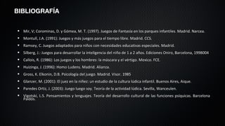 BIBLIOGRAFÍA


  Mir, V; Corominas, D. y Gómea, M. T. (1997). Juegos de Fantasía en los parques infantiles. Madrid. Narcea.
  Montull, J.A. (1991): Juegos y más juegos para el tiempo libre. Madrid. CCS.
  Ramsey, C. Juegos adaptados para niños con necesidades educativas especiales. Madrid.
  Silberg, J.: Juegos para desarrollar la inteligencia del niño de 1 a 2 años. Ediciones Oniro, Barcelona, 1998004
  Callois, R. (1986): Los juegos y los hombres: la máscara y el vértigo. Mexico. FCE.
  Huizinga, J. (1996): Homo Ludens. Madrid. Alianza.
  Gross, K. Elkonin, D.B. Psicología del juego. Madrid. Visor. 1985
  Glanzer, M. (2001): El juez en la niñez: un estudio de la cultura lúdica infantil. Buenos Aires, Aique.
  Paredes Ortiz, J. (2003): Juego luego soy. Teoría de la actividad lúdica. Sevilla, Wanceulen.
  Vigotski, L.S. Pensamientos y lenguajes. Teoría del desarrollo cultural de las funciones psíquicas. Barcelona
  Paidós.
 