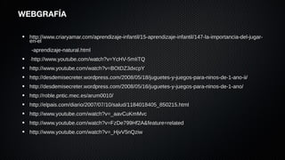 WEBGRAFÍA

  http://www.criaryamar.com/aprendizaje-infantil/15-aprendizaje-infantil/147-la-importancia-del-jugar-
  en-el
  -aprendizaje-natural.html
  -http://www.youtube.com/watch?v=YcHV-5mIiTQ
  http://www.youtube.com/watch?v=BOtDZ3dxcpY
  http://desdemisecreter.wordpress.com/2008/05/18/juguetes-y-juegos-para-ninos-de-1-ano-ii/
  http://desdemisecreter.wordpress.com/2008/05/16/juguetes-y-juegos-para-ninos-de-1-ano/
  http://roble.pntic.mec.es/arum0010/
  http://elpais.com/diario/2007/07/10/salud/1184018405_850215.html
  http://www.youtube.com/watch?v=_aavCuKmMvc
  http://www.youtube.com/watch?v=FzDe799Hf2A&feature=related
  http://www.youtube.com/watch?v=_HjvV5nQziw
 