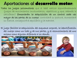 Aportaciones al desarrollo motor:
Todos los juegos psicomotores que el bebé realiza espontáneamente
(juegos de movimientos involuntarios, repetitivos y que, además le
satisfacen) fomentarán la adquisición de un control cada vez
mayor de las partes de su cuerpo: controlará su postura, aumentará
su fuerza, conseguirá el equilibrio y la marcha.
El juego facilita la adquisición del esquema corporal, la identificación
del cuerpo como un todo y de sus partes, y el reconocimiento de uno
mismo como alguien diferente a los demás.

 