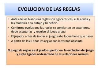 EVOLUCION DE LAS REGLAS
• Antes de los 6 años las reglas son egocéntricas; él las dicta y
las modifica a su antojo y benef...