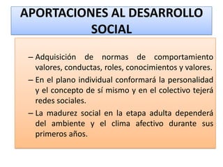 APORTACIONES AL DESARROLLO
SOCIAL
– Adquisición de normas de comportamiento
valores, conductas, roles, conocimientos y val...