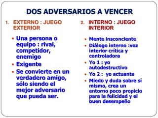 ¿Cómo puede alguien “confiar en sí mismo” o “desarrollar la actitud mental adecuada”?.EL JUEGO INTERIOR: DOS TIPOS DE JUEGOSMENTE CONSCIENTEMENTE INSCONCIENTEDesempeño espontáneo 