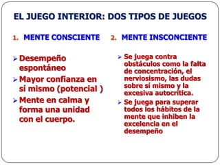 EL JUEGO INTERIORSoy mi peor enemigo; normalmente soy yo el que me derroto a mí mismo.