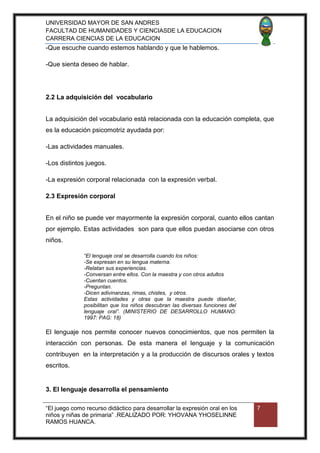El juego para desarrollar la expresion oral de los niños. | PDF