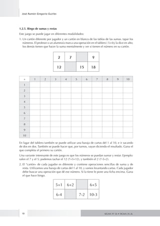 José Ramón Gregorio Guirles 
1.2.5. Bingo de sumas y restas 
Este juego se puede jugar en diferentes modalidades: 
1. Un cartón diferente por jugador y un cartón en blanco de las tablas de las sumas. tapar los 
números. El profesor o un alumno/a marca una operación en el tablero ( 5+4)y la dice en alto; 
los demás tienen que hacer la suma mentalmente y ver si tienen el número en su cartón. 
2 7 9 
12 15 18 
+ 1 2 3 4 5 6 7 8 9 10 
1 
2 
3 
4 
5 
6 
7 
8 
9 
10 
En lugar del tablero también se puede utilizar una baraja de cartas del 1 al 10, e ir sacando 
de dos en dos. También se puede hacer que, por turnos, vayan diciendo el resultado. Gana el 
que completa el primero su cartón. 
Una variante interesante de este juego es que los números se puedan sumar y restar. Ejemplo: 
salen el 7 y el 5; podemos tachar el 12 (7+5=12), y también el 2 (7-5=2). 
2. El “cartón» de cada jugador es diferente y contiene operaciones sencillas de suma y de 
resta. Utilizamos una baraja de cartas del 1 al 10, y vamos levantando cartas. Cada jugador 
debe buscar una operación que dé ese número. Si la tiene le pone una ficha encima. Gana 
el que hace bingo. 
5+1 6+2 6+5 
6-4 7-2 10-3 
10 SIGMA Nº 26 • SIGMA 26 zk. 
 