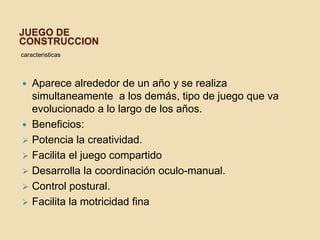 JUEGO DE
CONSTRUCCION
caracteristicas



 Aparece alrededor de un año y se realiza
  simultaneamente a los demás, tipo de juego que va
  evolucionado a lo largo de los años.
 Beneficios:
 Potencia la creatividad.
 Facilita el juego compartido
 Desarrolla la coordinación oculo-manual.
 Control postural.
 Facilita la motricidad fina
 