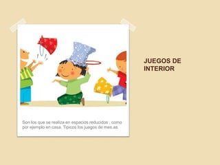 JUEGOS DE
                                                      INTERIOR




Son los que se realiza en espacios reducidos , como
por ejemplo en casa. Tipicos los juegos de mes.as
 