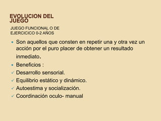 EVOLUCION DEL
JUEGO
JUEGO FUNCIONAL O DE
EJERCICICO 0-2 AÑOS

   Son aquellos que consten en repetir una y otra vez un
    acción por el puro placer de obtener un resultado
    inmediato.
   Beneficios :
   Desarrollo sensorial.
   Equilibrio estático y dinámico.
   Autoestima y socialización.
   Coordinación oculo- manual
 