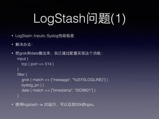 problem of LogStash(1)
• LogStash::Inputs::Syslog
• Solution:
input {
tcp { port => 514 }
}
filter {
grok { match => ["mes...
